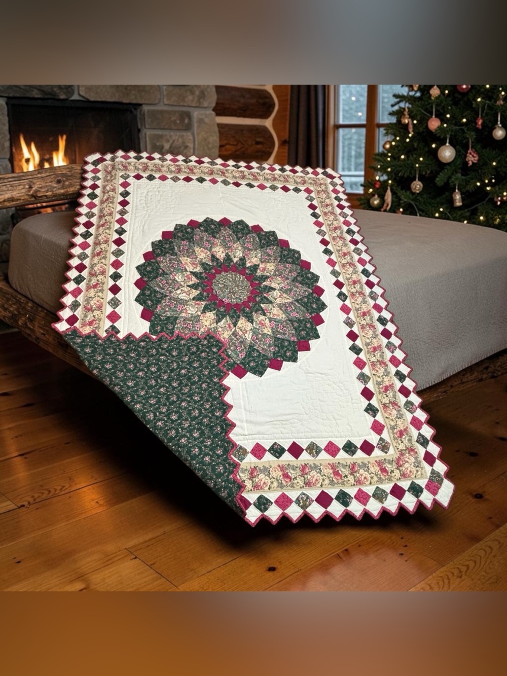 Vint Floral Patchwork Quilt Twin Center Medallion Sawtooth Trim Burgundy Green